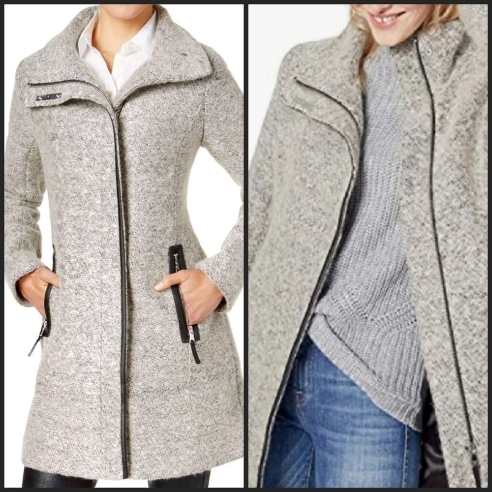 NEW! CALVIN KLIEN Wool Blend Faux Leather Trim Coat Petite Large.